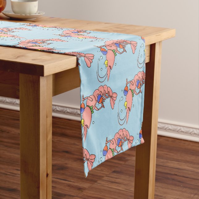 Cute happy shrimp, prawn cartoon short table runner (In Situ)