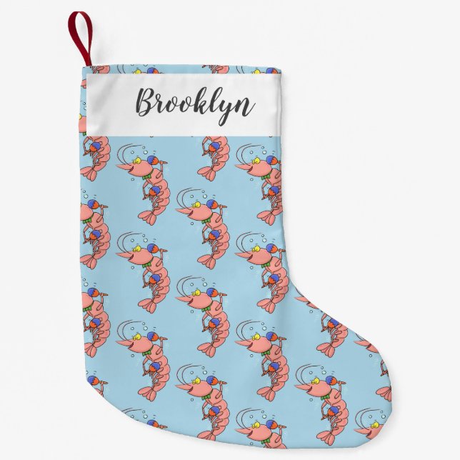 Cute happy shrimp, prawn cartoon small christmas stocking (Front)