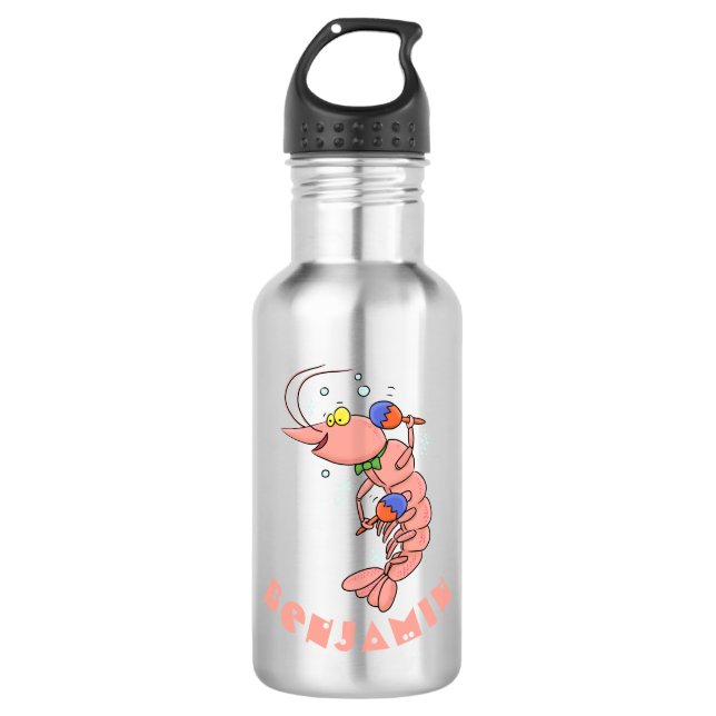 Cute happy shrimp, prawn cartoon stainless steel water bottle (Front)
