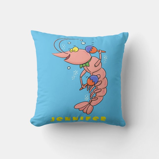 Cute happy shrimp, prawn cartoon throw pillow (Front)