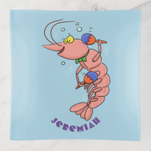 Cute happy shrimp, prawn cartoon trinket tray