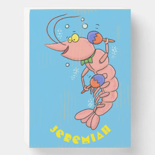Cute happy shrimp, prawn cartoon wooden box sign