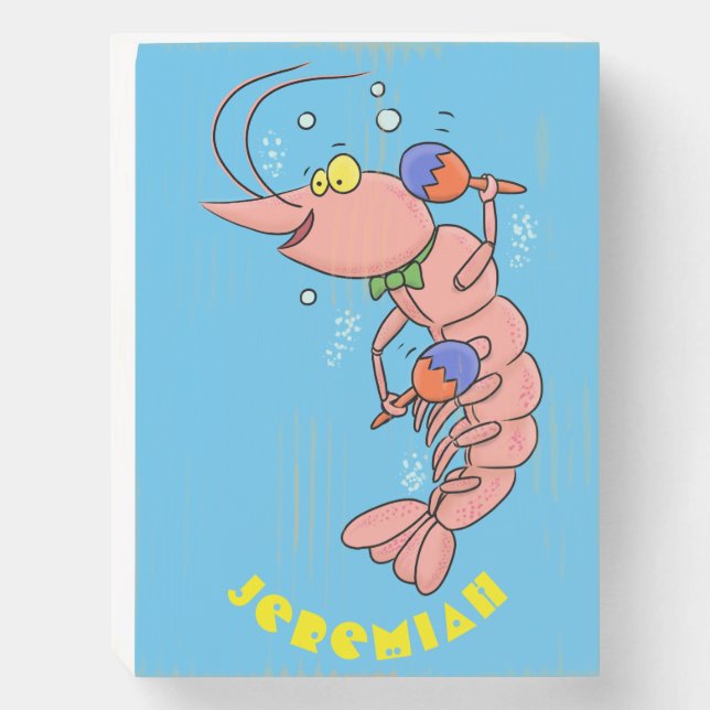 Cute happy shrimp, prawn cartoon wooden box sign (Front Vertical)