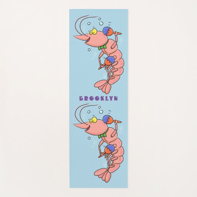 Cute happy shrimp, prawn cartoon yoga mat (Front)