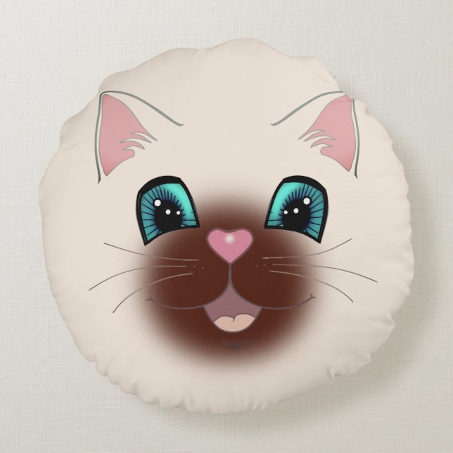 Cute Happy Siamese Cat Face Round Pillow (Back)
