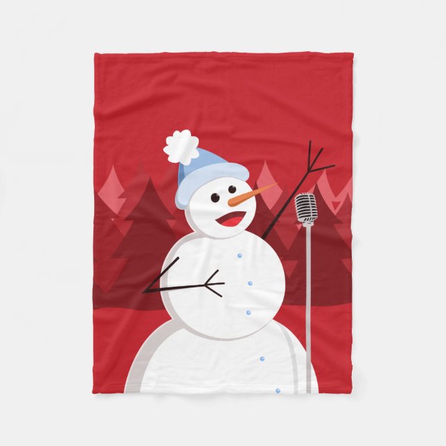 Cute Happy Singing Snowman Christmas Red Fleece Blanket (Front)