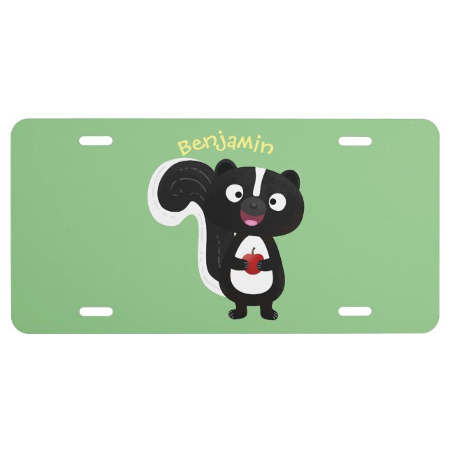 Cute happy skunk cartoon illustration  license plate (Front)