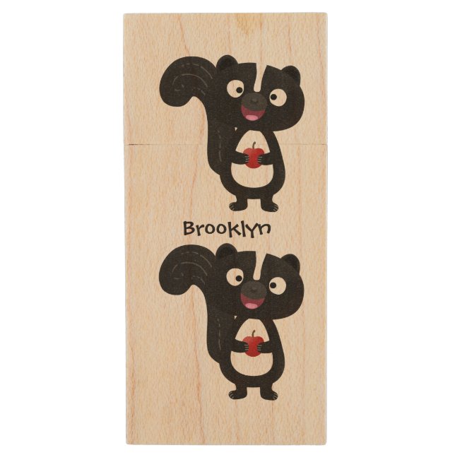 Cute happy skunk cartoon illustration wood flash drive (Front Vertical)