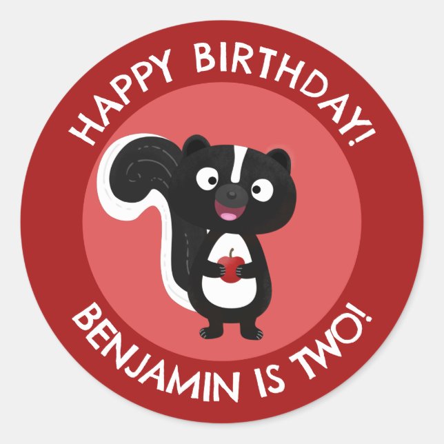 Cute happy skunk personalized cartoon birthday classic round sticker (Front)