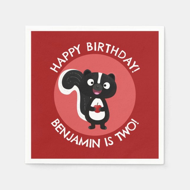 Cute happy skunk personalized cartoon birthday napkins (Front)