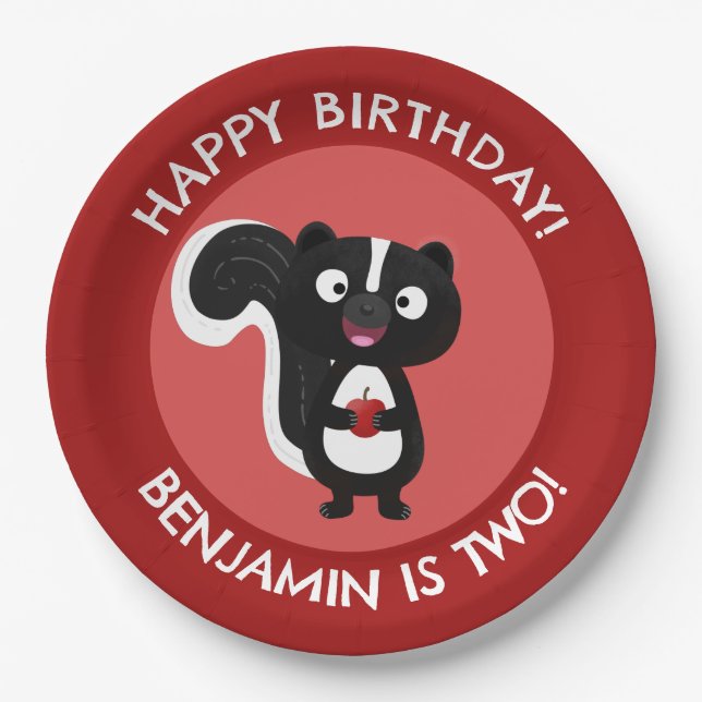 Cute happy skunk personalized cartoon birthday paper plates (Front)