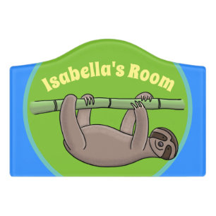 Cute happy sloth hanging on green bamboo cartoon door sign