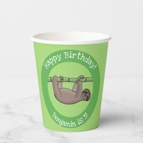 Cute happy sloth hanging on green bamboo cartoon paper cups