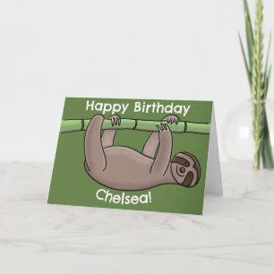 Cute happy sloth on bamboo trunk cartoon birthday card