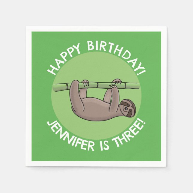 Cute happy sloth personalized cartoon birthday napkins (Front)