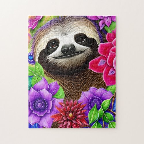 Cute Happy Sloth With Flowers  Jigsaw Puzzle