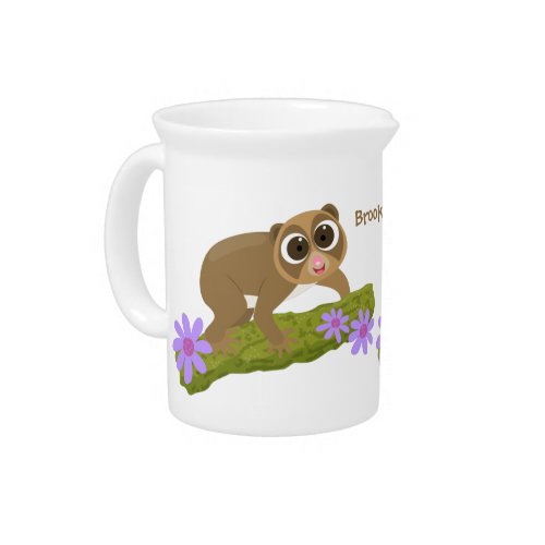 Cute happy slow loris on branch cartoon beverage pitcher