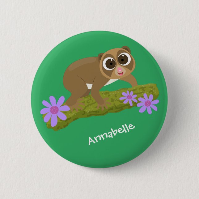Cute happy slow loris on branch cartoon button (Front)