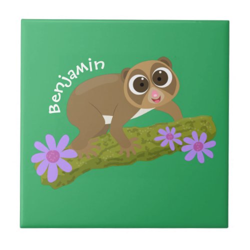 Cute happy slow loris on branch cartoon ceramic tile