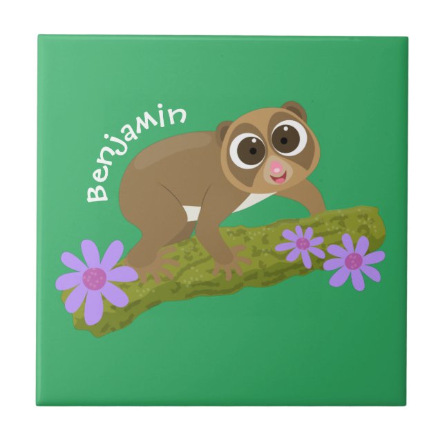Cute happy slow loris on branch cartoon ceramic tile (Front)