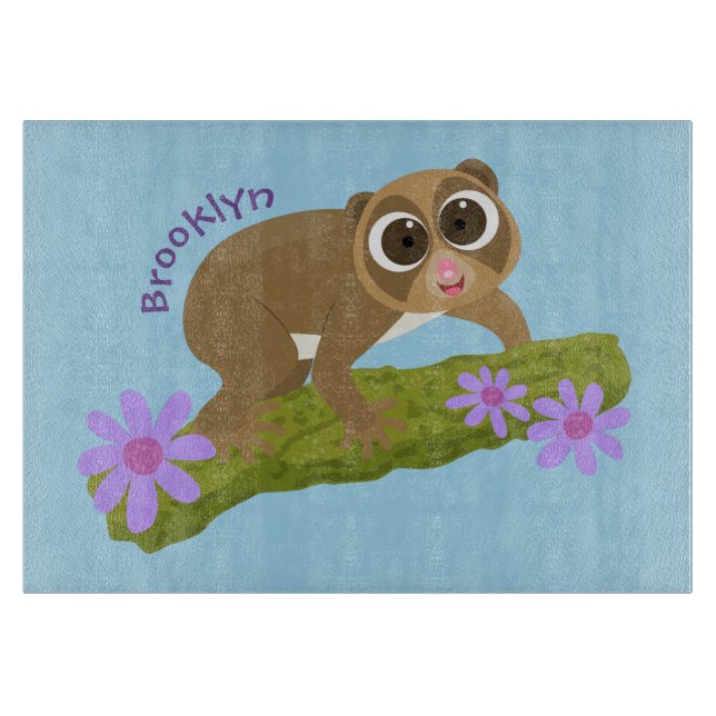 Cute happy slow loris on branch cartoon cutting board (Front)
