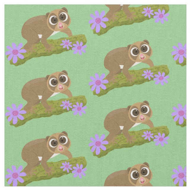 Cute happy slow loris on branch cartoon fabric (Close Up)