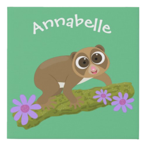 Cute happy slow loris on branch cartoon faux canvas print