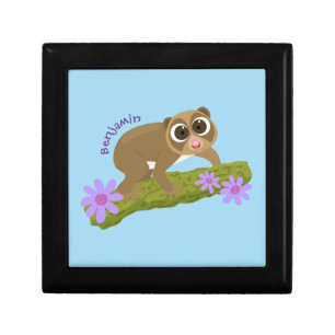 Cute happy slow loris on branch cartoon gift box