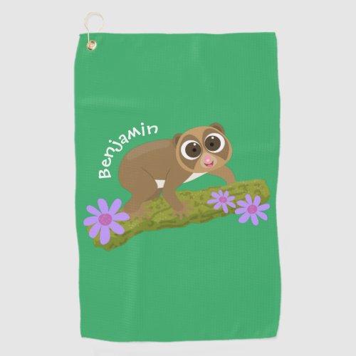 Cute happy slow loris on branch cartoon  golf towel