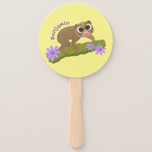 Cute happy slow loris on branch cartoon hand fan