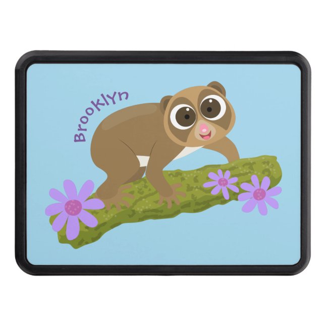 Cute happy slow loris on branch cartoon hitch cover (Front)