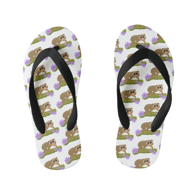 Cute happy slow loris on branch cartoon kid's flip flops (Footbed)