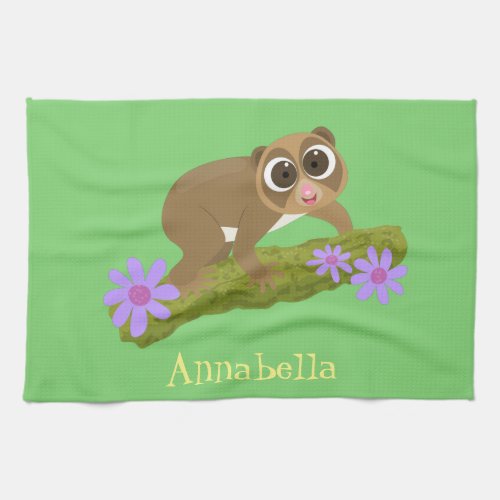 Cute happy slow loris on branch cartoon kitchen towel
