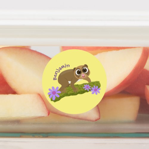 Cute happy slow loris on branch cartoon labels