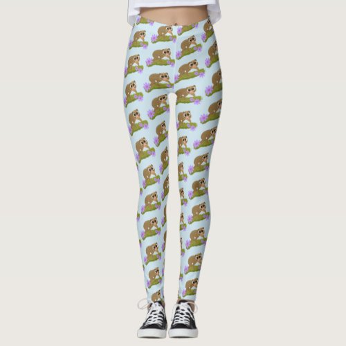 Cute happy slow loris on branch cartoon leggings