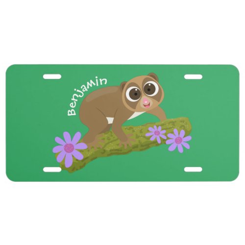 Cute happy slow loris on branch cartoon  license plate