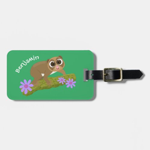 Cute happy slow loris on branch cartoon luggage tag