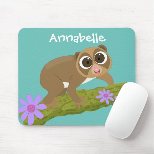 Cute happy slow loris on branch cartoon mouse pad