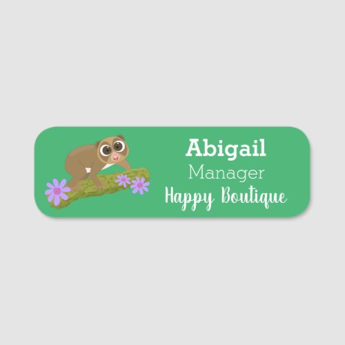 Cute happy slow loris on branch cartoon name tag