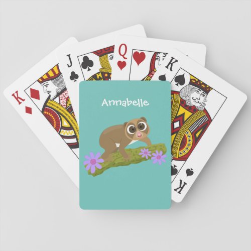 Cute happy slow loris on branch cartoon playing cards