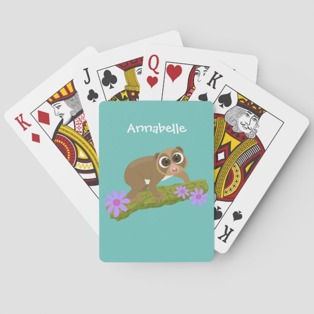 Cute happy slow loris on branch cartoon poker cards (Back)