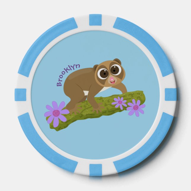 Cute happy slow loris on branch cartoon poker chips (Front)