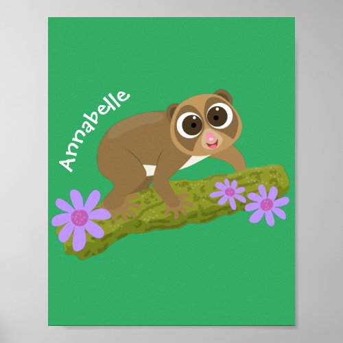 Cute happy slow loris on branch cartoon poster