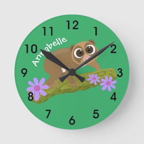 Cute happy slow loris on branch cartoon round clock