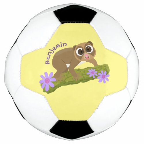 Cute happy slow loris on branch cartoon soccer ball