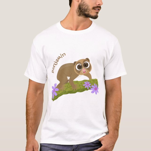Cute happy slow loris on branch cartoon T-Shirt (Front)
