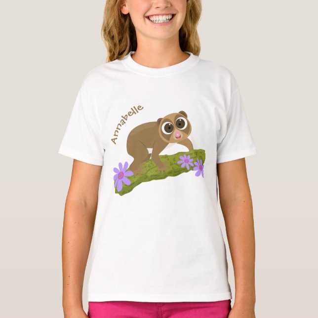 Cute happy slow loris on branch cartoon T-Shirt (Front)