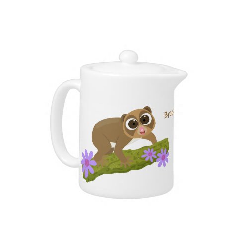 Cute happy slow loris on branch cartoon teapot