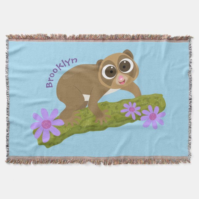 Cute happy slow loris on branch cartoon throw blanket (Front)