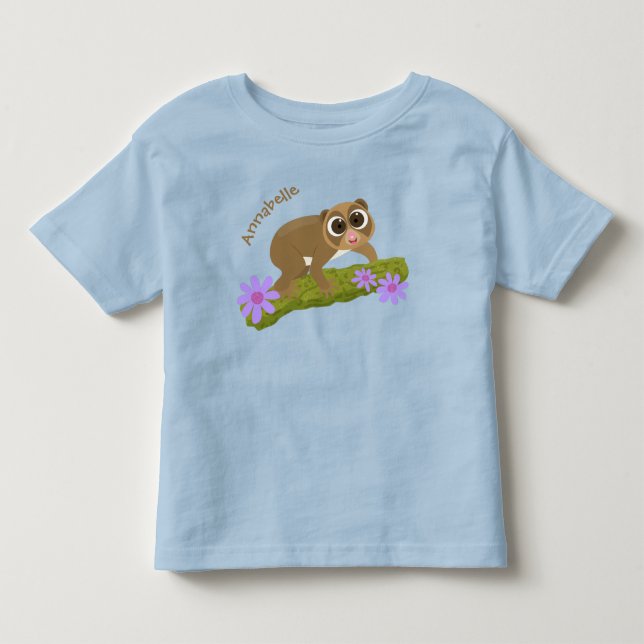 Cute happy slow loris on branch cartoon toddler t-shirt (Front)